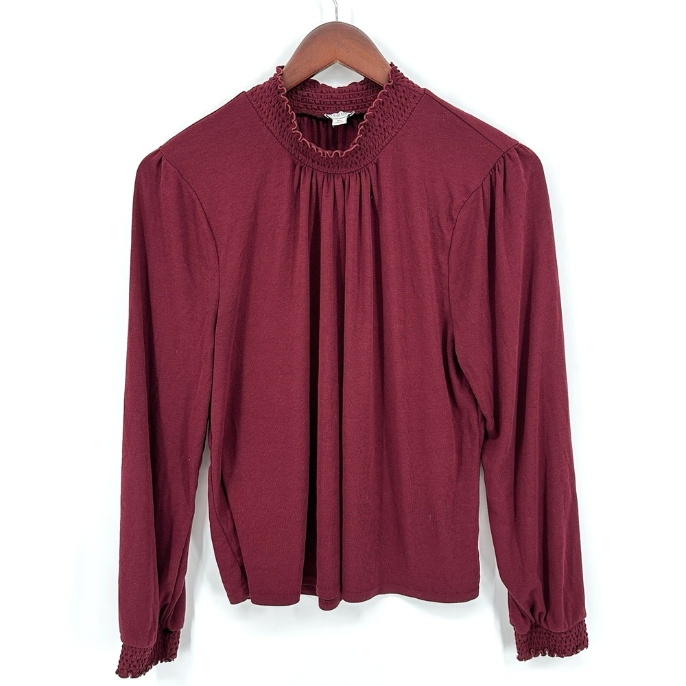 J.Crew Women's Sz XL Long Sleeve Smocked-Neck Top Elastic Sleeve Blouse Burgundy
